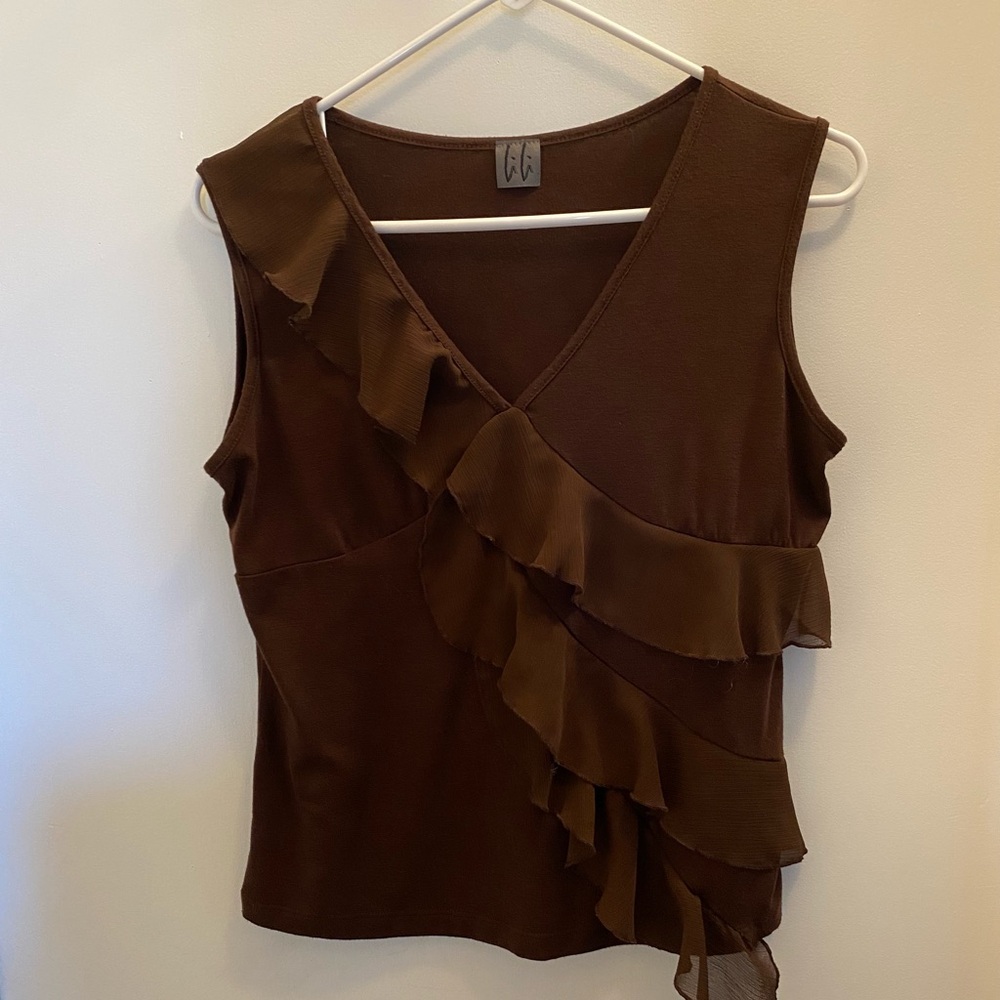 Brown Ruffled Sleeveless Top